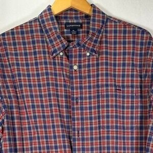Land End Men's XL 17-17 1/2 Plaid Dress Shirt Red Blue 100%‎ Cotton